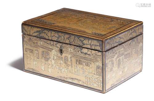 λ A 19th century Chinese export lacquer tea chest, decorated in gilt with buildings and figures in