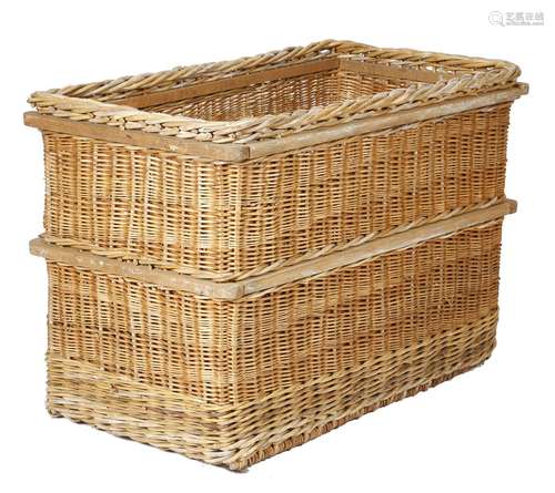 A large wicker logbin, 77.2cm high, 108cm wide, 64.5cm deep.