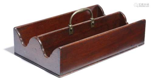 A George III mahogany bottle carrier, with a brass handle and two divisions, with shaped ends, 36.