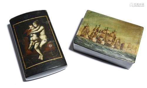 A 19th century papier-mâché box, the hinged lid painted with a naval battle scene, together with a