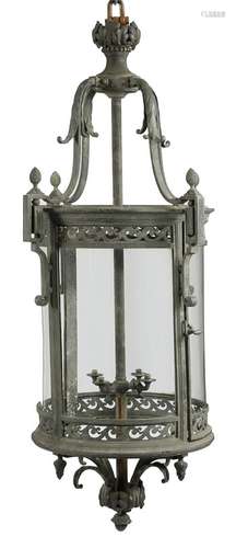 A French bronze hall lantern in 18th century style, with a verdigris finish, with a leaf corona