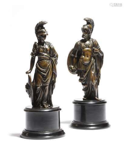 A pair of 19th century French bronze figures of Mars and Minerva, each on an ebonised socle, 29.