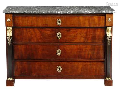 A French Empire mahogany commode, with ormolu mounts, the mottled grey marble top above four long