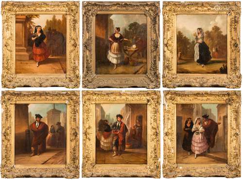 Follower of Goya [19th Century]- Spanish Encounters,:- a set of six oils on canvas each 34 x 39cm.