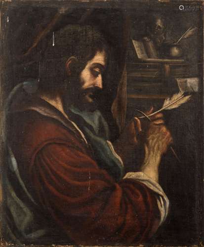 Italian School 17th Century- The Scribe; portrait of a scholar sharpening a quill,