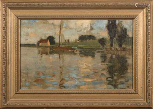 * Attributed to Bertram Walter Priestman [1868-1951]- Lakeside Cottage,:- oil on board 29 x 47cm.