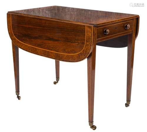 A Regency rosewood and inlaid Pembroke table:, bordered with boxwood and ebony lines,