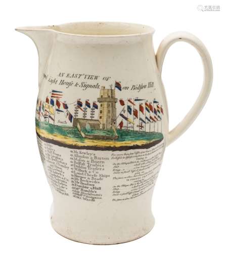 A Liverpool creamware jug: of baluster form with strap handle printed in black and coloured with a