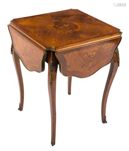A French kingwood, marquetry and brass and gilt metal mounted square drop flap occasional table:,