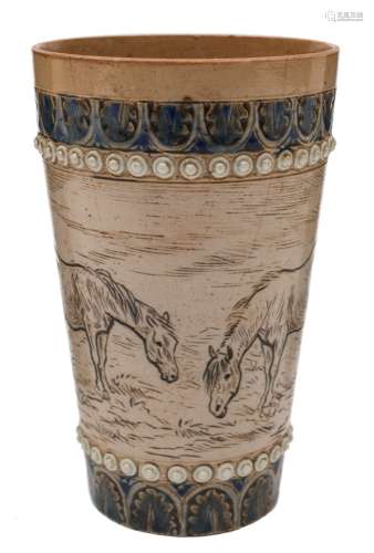 A Doulton Lambeth stoneware beaker by Hannah Barlow: incised and decorated with three horses in a
