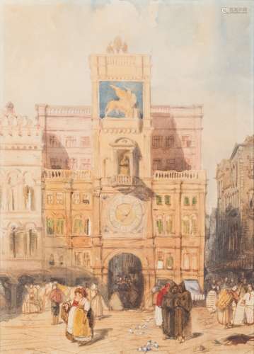 James Duffield Harding [1797-1863]- Torre Dell'orologio, Venice, a street scene with figures,