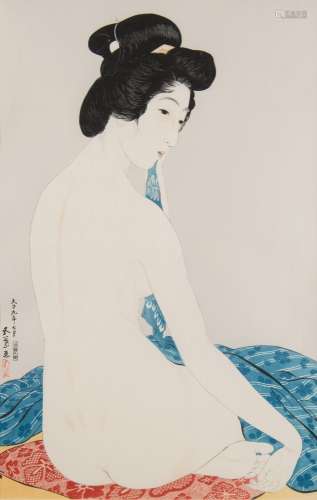 After Hashiguchi Goyo, Beauty after The Bath:, woodblock print. 43 x 27cm.