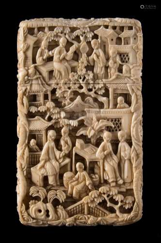 A 19th century Cantonese carved ivory card case: of rectangular outline,