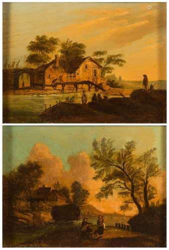 English School 18th Century- Cottage by a river, figures in the foreground; A similar companion,