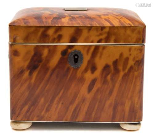 A 19th century blonde tortoiseshell tea caddy: of rectangular outline,