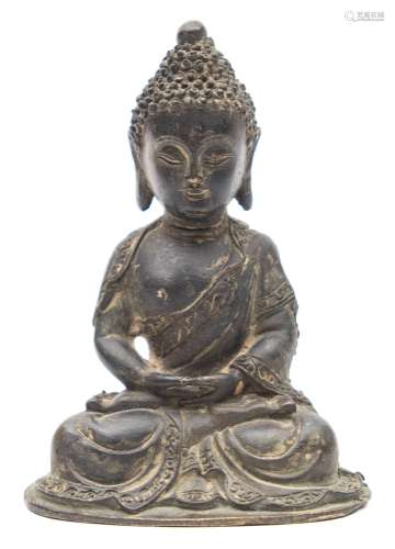 A small Chinese bronze Amitabha Buddha: seated in meditation with hands in dhyana mudra,