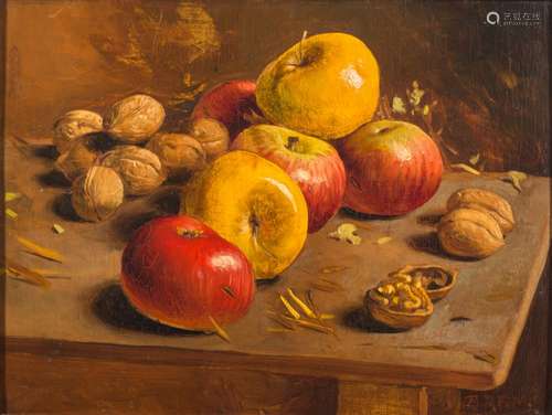 European School 20th Century- Still life of apples and walnuts on a table top,