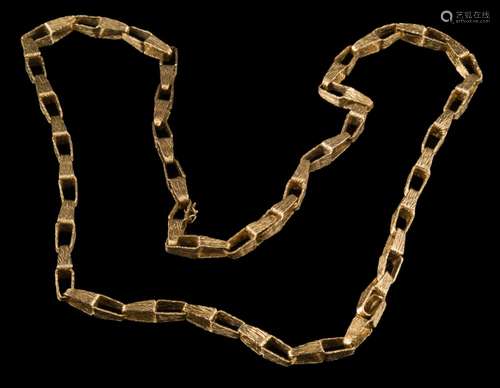 A 9ct gold textured lozenge-shaped link chain: approximately 70gms gross weight.