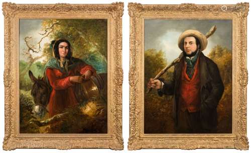 John Barker [19th Century]- A Country Couple,:- a pair, both signed oils on canvas each 90cm x 69cm.