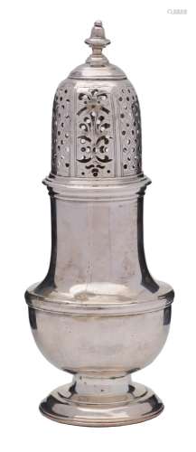 A George II silver sugar caster, maker's marks worn possibly Samuel Wood, London,