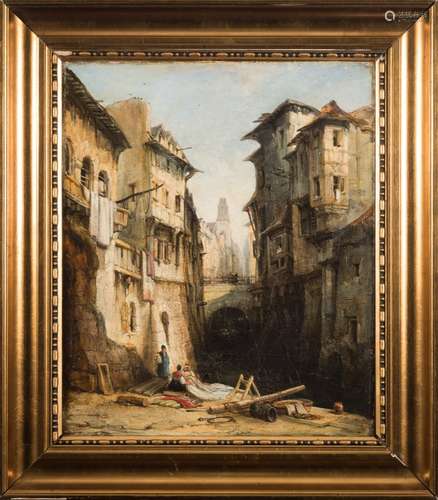 Circle of David Roberts [19th Century]- Street scene and canal, possibly Northern France,