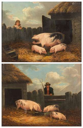 Circle of Thomas Hand [18/19th Century]- Farmer at a pig sty; Young girl at a pig sty,:- a pair,