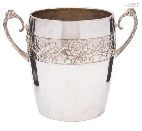 A WMF silver plated ice bucket: with banded briar rose decoration and reeded and swept handles to