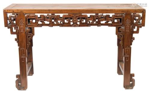 A Chinese carved wood altar table:, of large size, with a rectangular top,