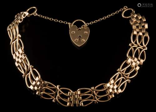 A 9ct gold gate-link bracelet: with padlock clasp and safety chain, 19gms gross weight.