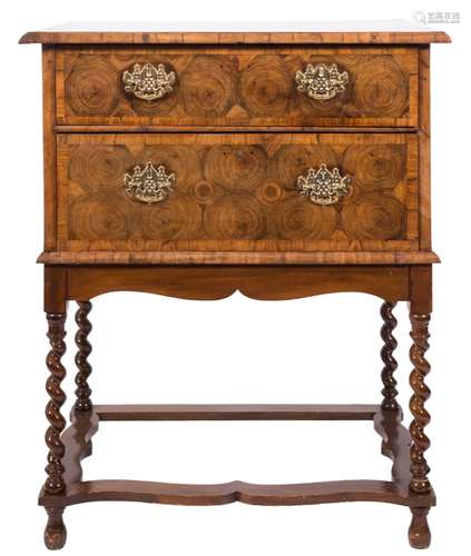 An 18th century walnut oyster veneered crossbanded and inlaid chest on later stand:,