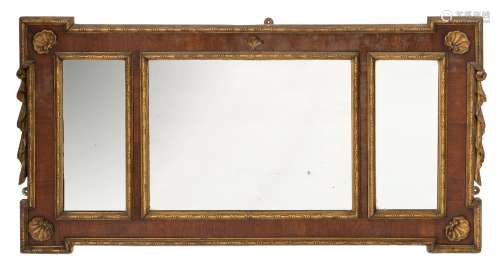 A walnut and partly gilt landscape overmantel mirror:, in the early 18th Century taste,