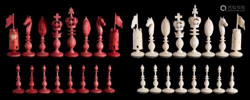 A 19th century carved ivory 'Burmese' type chess set: one side stained red the other left natural,