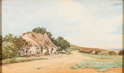 James Alfred Aitken [1846-1897]- A Scottish landscape, figures outside a thatched cottage,