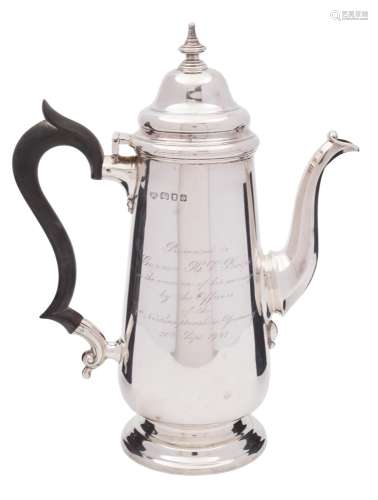 A George VI silver coffee pot, maker Goldsmiths & Silversmiths Co Ltd, London, 1938: inscribed,