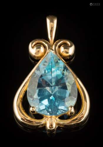 A pear-shaped blue topaz single-stone pendant: with applied plaque inscribed 'Ron McNamer' and