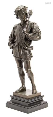 A 20th century bronze figure of a Renaissance page: holding a ceremonial mace over his left