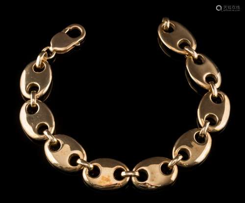 A 9ct gold mariner-link bracelet: approximately 20.5cm total length, 52gms gross weight.