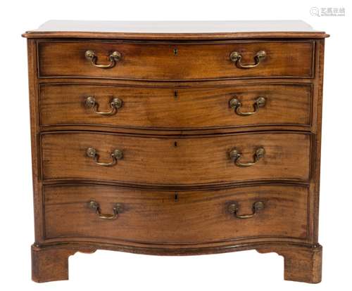 A George III mahogany serpentine fronted chest:, the top with a moulded edge,