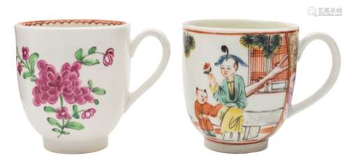 Two First Period Worcester coffee cups: one painted in famille rose Mandarin style with four