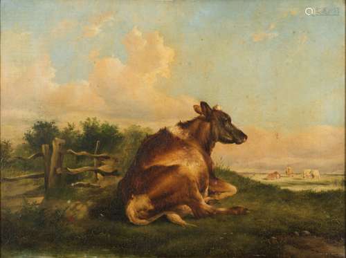 Circle of Thomas Sidney Cooper [1803-1902]- Single cow resting by a stile, cattle grazing beyond,