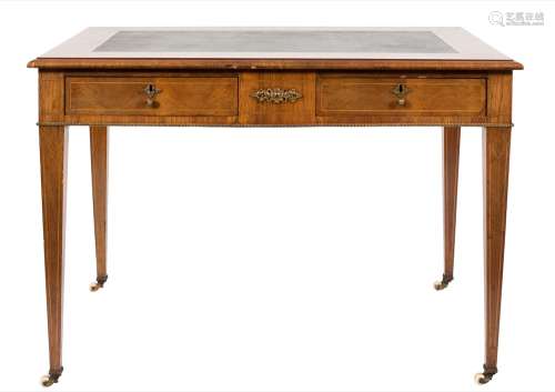 An early 20th Century French walnut, inlaid and gilt metal mounted rectangular writing table:,