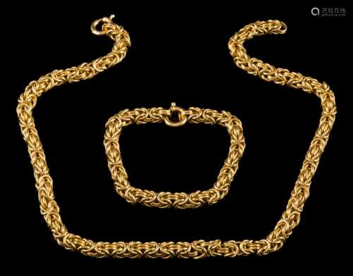 A necklace of byzantine linking: stamped '18Kt', 47cm long and a matching bracelet,