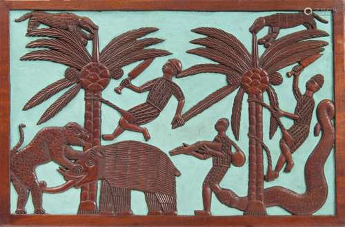 A carved wooden panel depicting coconut gatherers: being attacked by wild animals and a serpent,