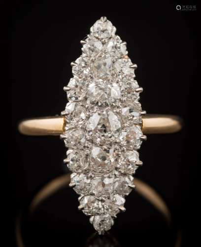 A diamond marquise-shaped ring: set throughout with old, brilliant-cut diamonds,