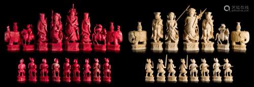 A 19th century Chinese export ivory part chess set: one side stained red, the other left natural,