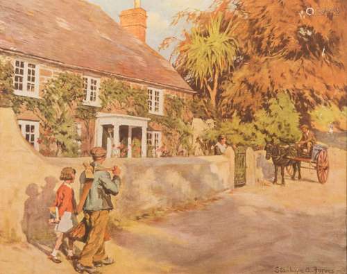 After Stanhope Alexander Forbes- Figures in a lane outside a cottage,