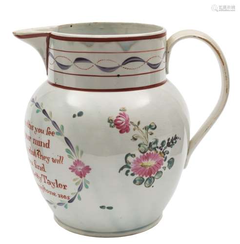 A Rainforth (Leeds) pearl glazed presentation jug: enamelled with bouquets flanking a panel bearing
