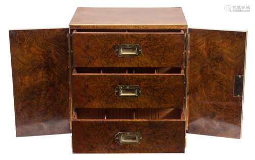 A late 19th century burr walnut and brass strung table top humidor: of rectangular outline,