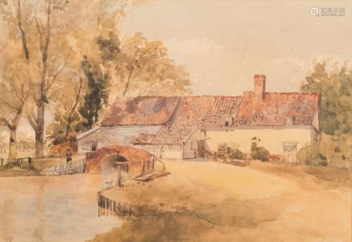 Thomas Churchyard [1798-1865]- A view near Woodbridge; riverside cottage and a figure by a bridge,