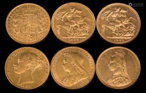 Three Victorian sovereigns;: 'young head' with shield reverse dated '1869',